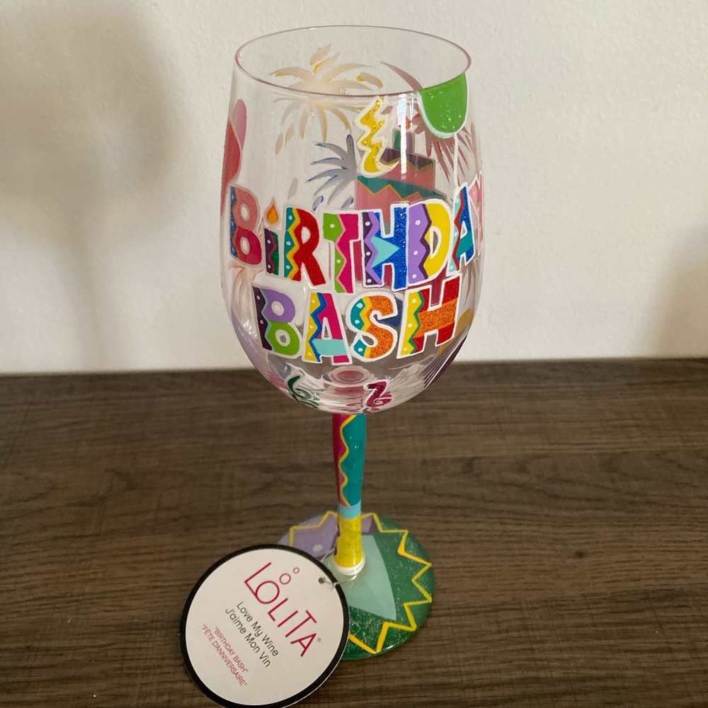 “Birthday Bash” hand-painted artisan wine glass, 15 oz.